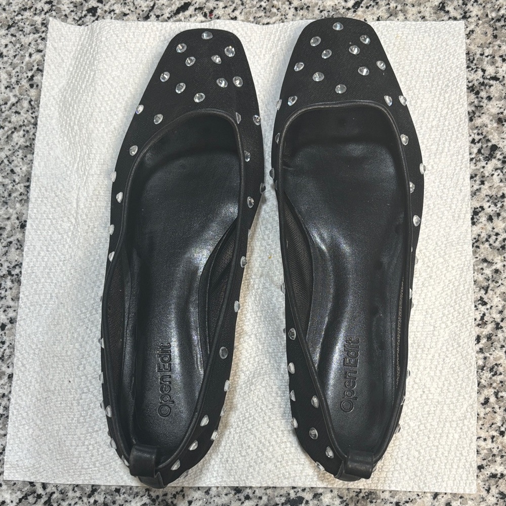 Black rhinestone mesh flats